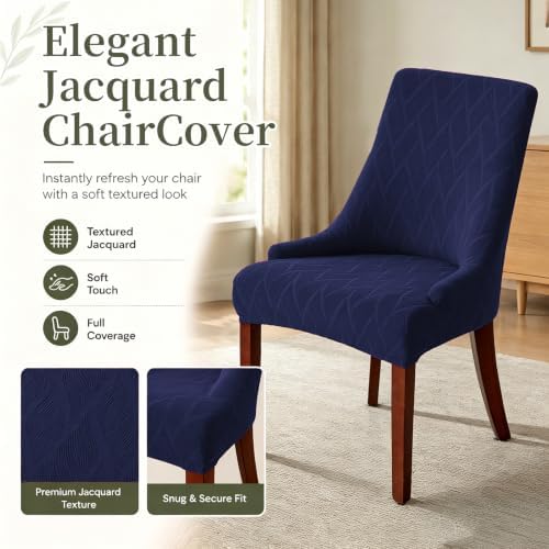 MIFXIN Wingback Side Chair Covers Dining Chair Slipcover Jacquard Stretch Sloping Armchair Protector Arm Chair Seat Cover for Dining Room Living Room Banquet Home Decor (Navy, 4 Pcs)