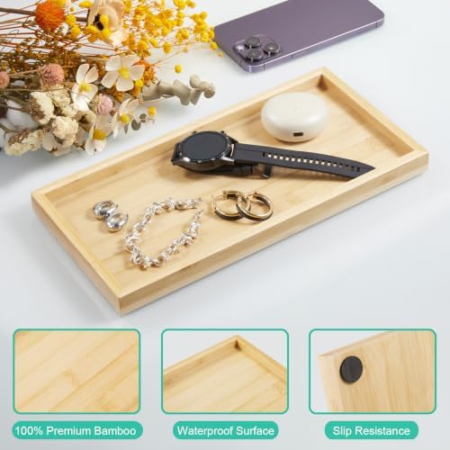 ALELION 11.7" Bamboo Bathroom Vanity Tray for Counter, Wooden Soap Dispenser Tray for Kitchen Sink, Toilet Tank Tray, Perfume Makeup Jewelry Catchall Organizer