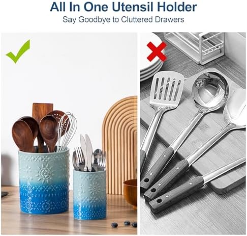 LOVECASA 7.2"+5.4" Ceramic Utensil Holder Set of 2, Coastal Crock