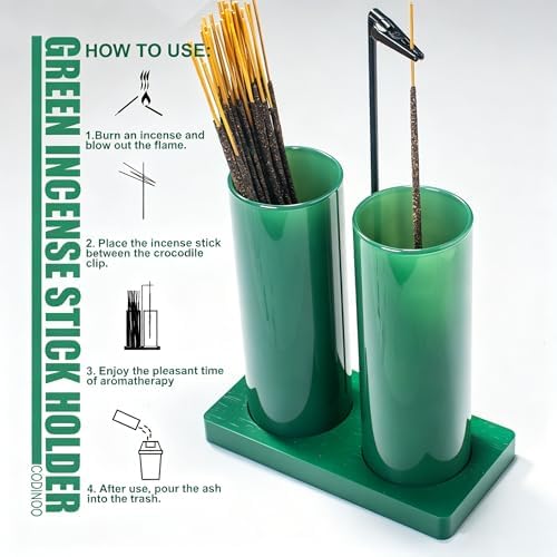2 in 1 Incense Holder for Sticks,Glass Incense Burner Holder with Storage,Upside Down Incense Holder for Sticks with Glass Ash Catcher for Meditation Yoga Spa Room Home Decor[2 Long Full Green]
