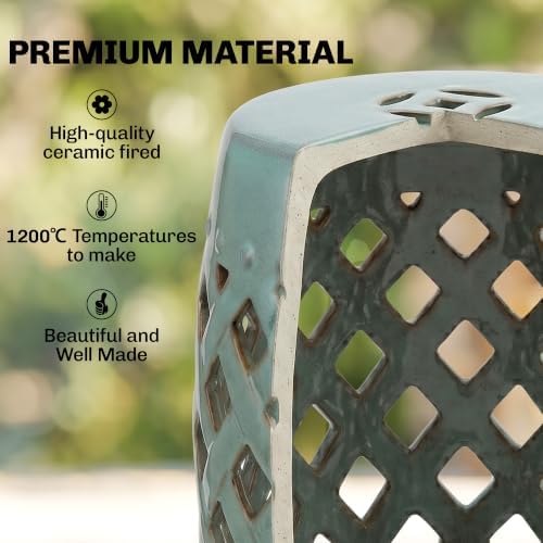 Outsunny 12.5" x 18" Ceramic Garden Stool Woven Lattice Design Antique Blue