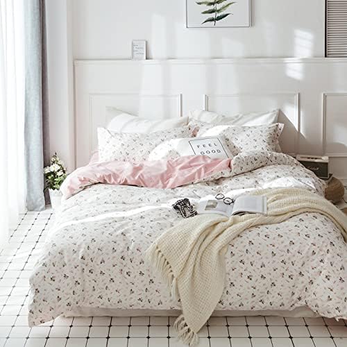 HighBuy Boho Floral Duvet Cover King Pink White Floral Cotton Coquette Bedding Comforter Covers King Lightweight Soft for Girl Garden Style Aesthetic Bedding Set with Zipper Closure