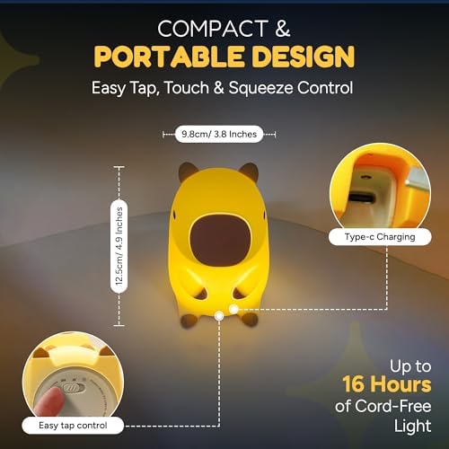Capybara Night Light for Kids, Squishy Silicone Capybara Lamp, Touch Control, 2 Brightness Levels, 20-Minute Timer, Rechargeable LED Bedside Nightlight