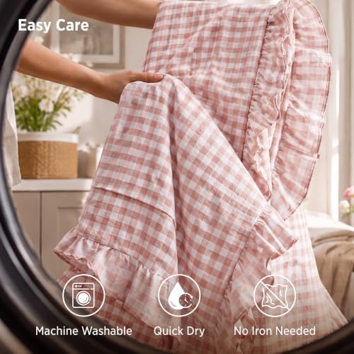 Bedsure Gingham Ruffle Duvet Cover Set, Queen Cotton-Like Quilt Cover, Pink