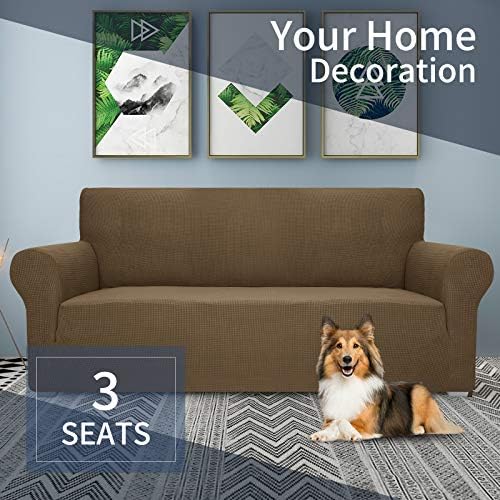 JIVINER High Stretch Couch Covers for 3 Cushion Couch 1-Piece Jacquard Elastic Sofa Slipcovers Anti Slip Sofa Cover with Elastic Bottom Furniture Protector for Kids Pets (Sofa, Brown)