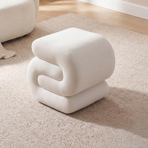 FOXHUNTER S Shape Modern Velvet Pouf Ottoman Vanity Stool, White