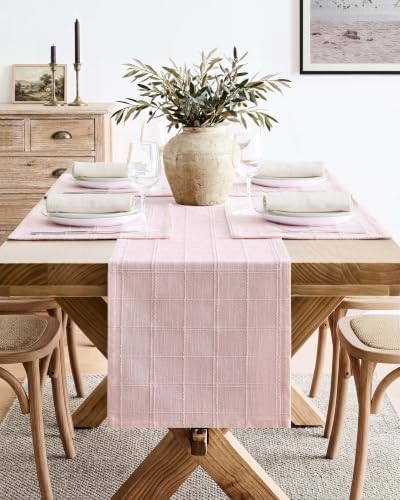 ZeeMart Linen Checked Farmhouse Table Runner, 13x36 Inches Pink