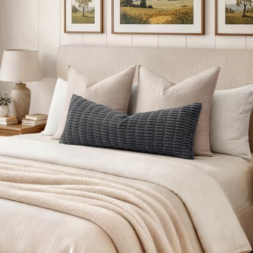 MIULEE Lumbar Corduroy Throw Pillow Cover for Bed 14x36 Dark Grey