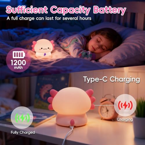 Axolotl Night Light for Kids, Rechargeable Lamp with Timer, Cute Room Decor