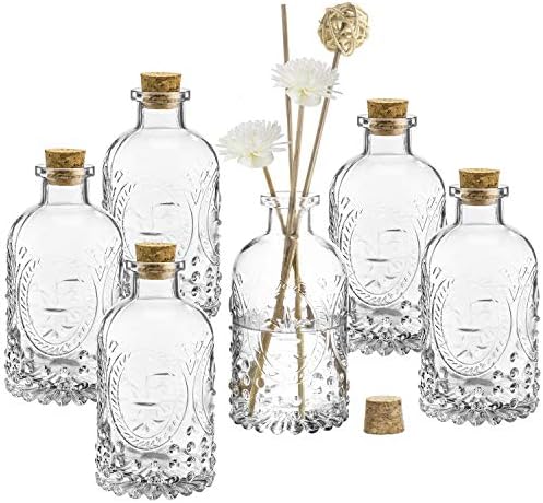 MyGift Vintage Fleur De Lis Clear Glass Bottles with Cork Lid Set of 6