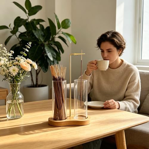 Glass Natural Incense Holder,Warm Minimalism Incense Sticks Burner Holder with Storage,Hang Upside Down Incense Holder for Sticks with Glass Ash Catcher for Meditation Yoga Room (Natural)