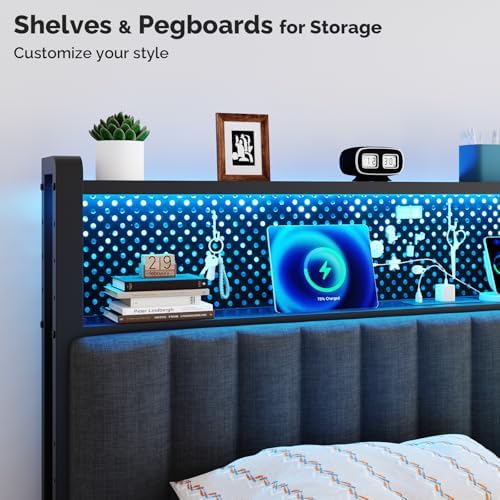 VINGLI Full Size Headboard with 2 Shelves, Adjustable Upholstered Headboard with Pegboard, Charging Stations and LED Lights, Modern Bed Headboard with Storage for Bedroom Decor, Dark Gray