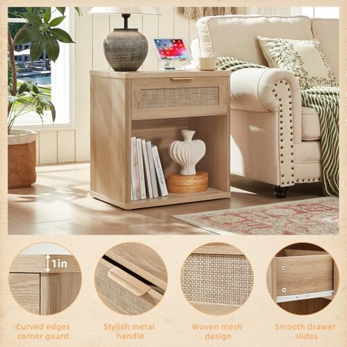 LEYAOYAO Rattan 23" Nightstands Set of 2 with Charger for Bedroom