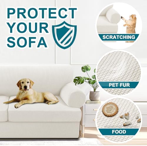 Turquoize 3 Piece T Cushion Loveseat Slipcovers Sofa Cover for Living Room Washable Sofa Slipcover Furniture Covers with 2 Individual T Cushion Seat Covers (2 Cushion Loveseat, Porcelain White)