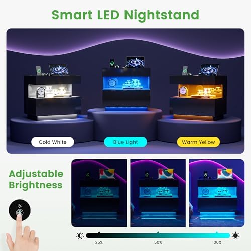 HNEBC Black LED Nightstand with Gun Drawers&USB-C Port&Lights for Bedroom