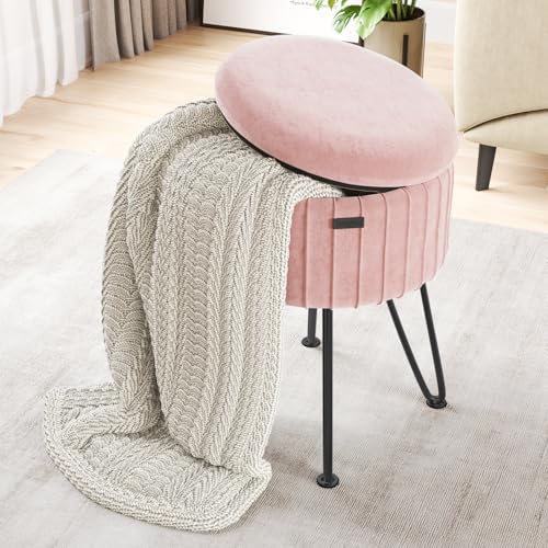 Round Ottoman with Storage, Pleated Velvet Storage Ottoman, Foot Stool Ottomans, Makeup Vanity Stool, Small Ottomans Foot Rest, Modern Vanity Stools for Living Room and Bedroom, Pink