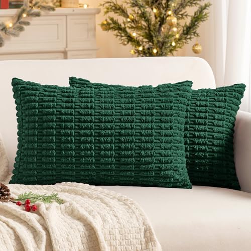 MIULEE Pack of 2 Dark Green Corduroy Decorative Christmas Pillow Covers 12x20 Inch Soft Boho Striped Throw Pillow Covers Modern Farmhouse Home Decor for Sofa Living Room Couch Bed