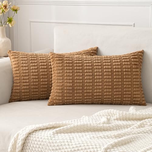 MIULEE Lumbar Corduroy Decorative Throw Pillow Covers 12x20 Brown Pack of 2