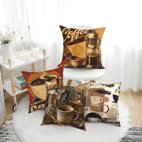 Coffee Print Decorative Throw Pillow Covers 18x18 Inch Set of 4