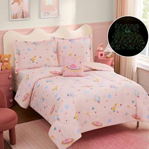 Full Size Comforter Sets for Girls-4 Pieces Pink Glow in the Dark Bedding