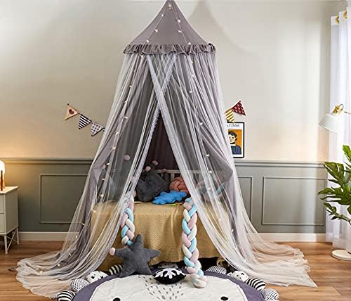 VETHIN Bed Canopy Double Layer Princess Round Dome Dreamy Mosquito Net Bedding Girls Room Castle Play Tent Hanging House Decor Reading Nook Canopies(Gray/White)