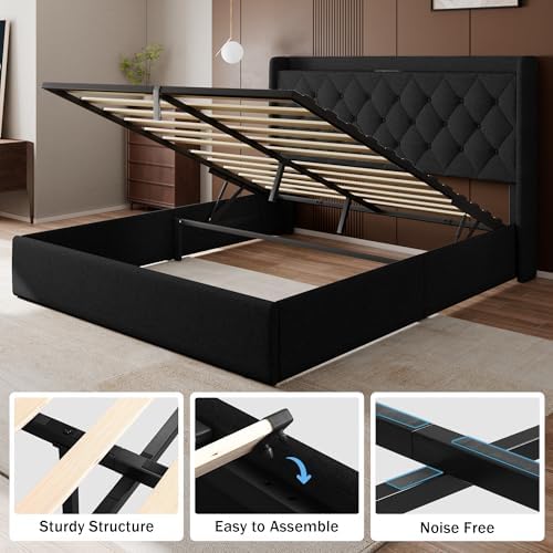 GalnFu Queen Size Bed Frame with Storage, Upholstered Queen Lift up Storage Bed Frame with Charging Station, Button Tufted Headboard, No Box Spring Needed, Easy Assembly, Noise Free, Black
