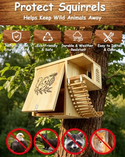 Squirrel House with Feeding Bowl, 16.5" Large Heavy Duty Weatherproof Solid Wood Squirrel Nesting Box with Porch, Ladder & Anti-Predator Latch, Fun Family DIY Assembly Kit Gift, Backyard Outdoor Decor