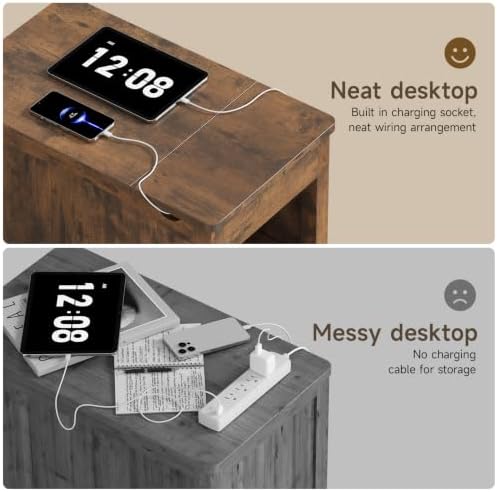 ONBRILL Farmhouse End Table with Charging Station,Rustic Brown