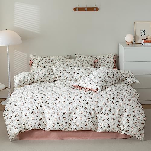 Peach Flower Bedding Set King Chic Girls Floral Duvet Cover with Zipper Closure 100% Cotton Blush Pink Comforter Cover Set(3 pcs,104x90)