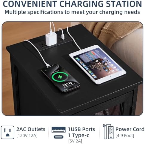 Joaxswe Narrow Side Table with Charger, Glass Door Storage