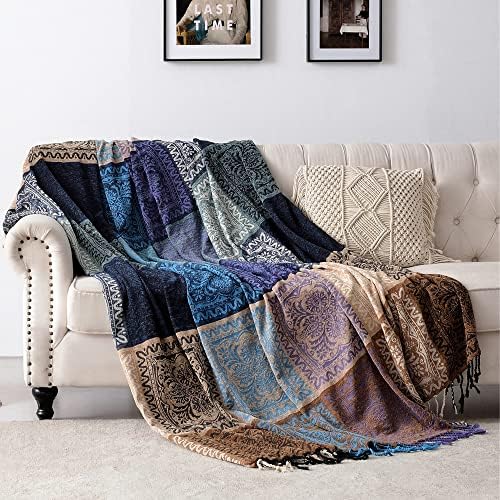 Boho Chair Cover Colorful Chenille Tassels Hippie Throw Blanket for Couch Bed Sofa Recliner Loveseat, Blanket for Bohemian Living Room Decor Purple(60"*75")