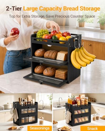 Bread Box for Kitchen Countertop, 2-Tier Bamboo Storage with Raised Shelf
