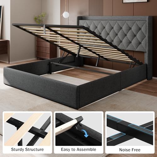 GalnFu Full Size Bed Frame with Storage, Upholstered Full Lift up Storage Bed Frame with Charging Station, Button Tufted Headboard, No Box Spring Needed, Easy Assembly, Noise Free, Dark Gray