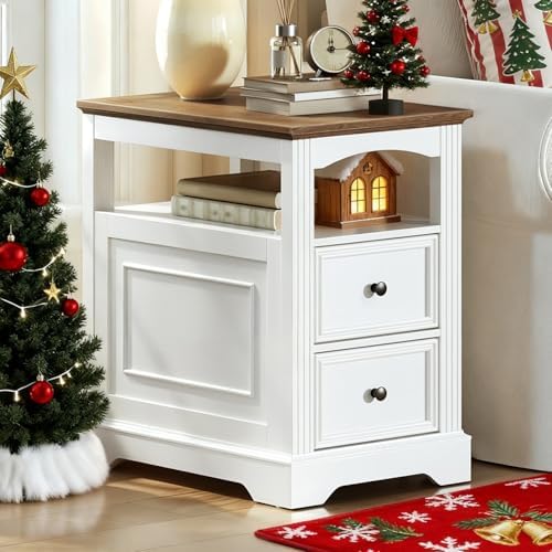 RALGEND Farmhouse End Table with 2 Drawers Set of 2, White and Walnut