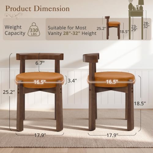 LUE BONA Wood Vanity Chair Stool with Back, Mid-Century Makeup Bench, Brown