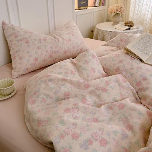 LifeTB Vintage Floral Duvet Cover Set King, Pink Flower Coquette Duvet Cover Muslin Cotton Gauze Bedding Set, Cottagecore Flower Botanical Comforter Cover, Aesthetic Floral Lightweight Bedding Set