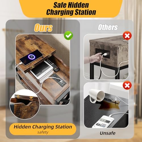 Flip Top End Table with Hidden Charging Station, 12" D x 21" W x 26" H
