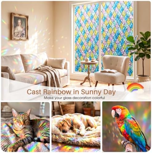 Sunbaby Stained Glass Winodw Film, Rainbow Lattice Stickers, 17.5" x 78.7"