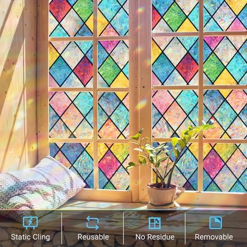 Haton Stained Glass Window Film, Rainbow Lattice Stickers, 23.6" x 78.7"