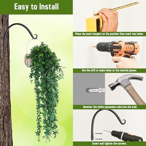 FEED GARDEN Plant Hooks 2 Pack 10 Inch, Solid 8mm Steel Wall Mounted Hanging Brackets, 48lb Rated, 1.2" Hook Opening, for Bird Feeders Baskets Wind Chimes, Indoor Outdoor Black