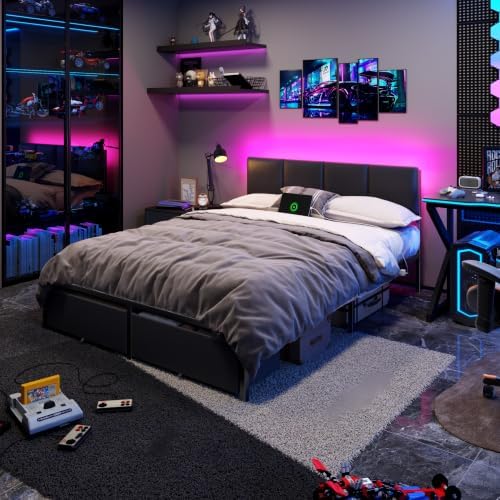 Furnulem Black Queen Bed Frame with PU Upholstered Headboard and LED Lights