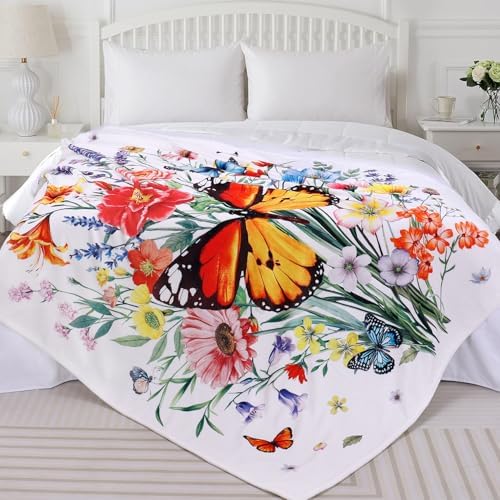 Floral Blanket Ultra Soft Butterfly Flowers Throw Blankets Wildflower Leaves Flannel Fleece Throw Watercolor Warm Cozy Fuzzy Plus Gift Cabin Blanket for Bed Sofa,60" X 80"