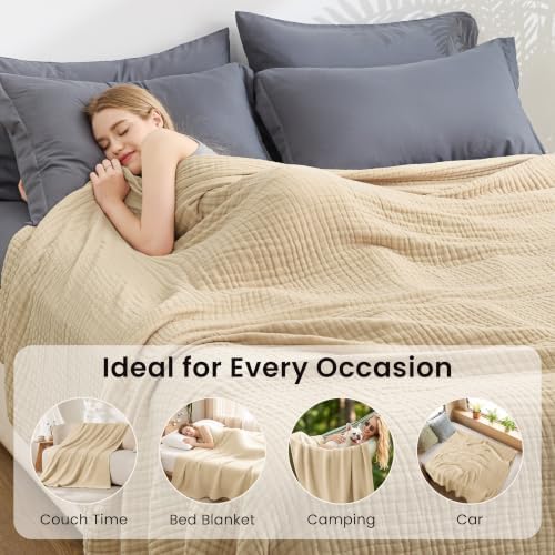 Love's cabin 100% Cotton Muslin Blanket Large Throw for Couch, Khaki