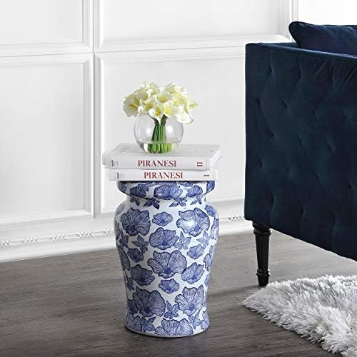 JONATHAN Y Poppies 17.75" Ceramic Drum Garden Stool Side Table, White/Blue