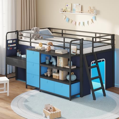Low Twin Loft Bed with Desk,6 Storage Drawers,Led Lights & Kids Secret Base