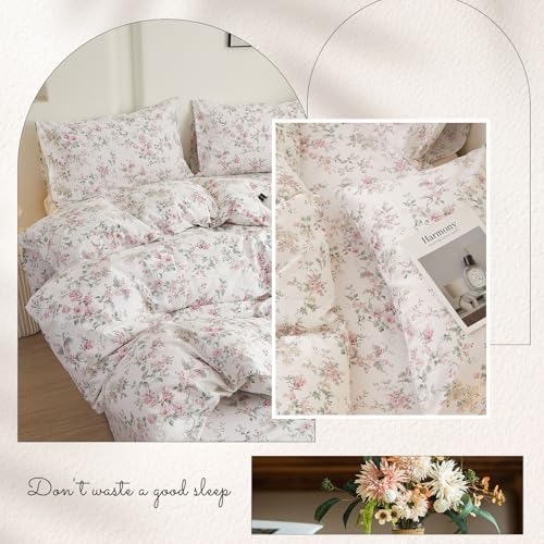 Queen Duvet Cover Set Pink Floral Bedding Set on White 100% Cotton Reversible Vintage Comforter Cover with Zipper&Ties