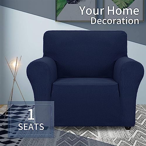 JIVINER Super Stretch Chair Slipcovers with Arms 1-Piece Jacquard Small Checks Living Room Armchair Covers Soft Anti Slip Sofa Couch Furniture Protector for Kids Pets (Navy Blue, Chair)