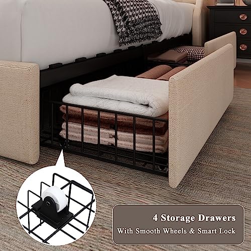 Feonase Upholstered Full Size Bed Frame with 4 Storage Drawers, Charging Station and Tufted Wingback Storage Headboard, No Box Spring Needed, Easy Assembly, Beige