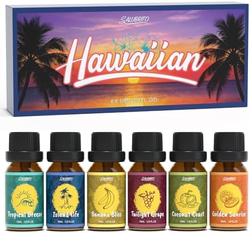 SALUBRITO Hawaii Fragrance Oils Set, Summer Essential Oils for Diffuser, Candle, Soap Making, Tropical Breeze, Island Life, Banana Bliss, Twilight Grape, Coconut Coast, Golden Sunrise Scented Oil