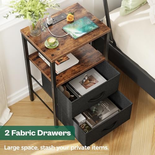 Huuger Nightstand with Charging Station, Side Table with Fabric Drawers